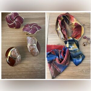 Vintage Silk Scarf with Clip On Enamel Earrings